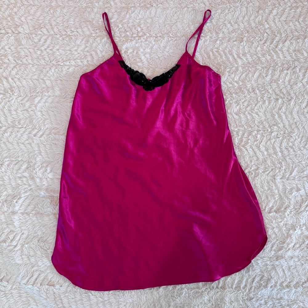 Apostrophe Pink Satin Slip Dress with Black Beaded Lace – Y2K Spaghetti Strap